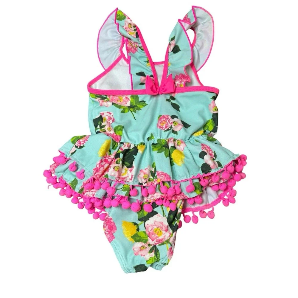 BETSEY JOHNSON Swimsuit Girls Size 5T 1 Piece Floral Pom Poms EUC
